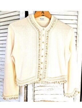 Vintage 1950s Cropped Beaded Wool Bolero Cardigan Small